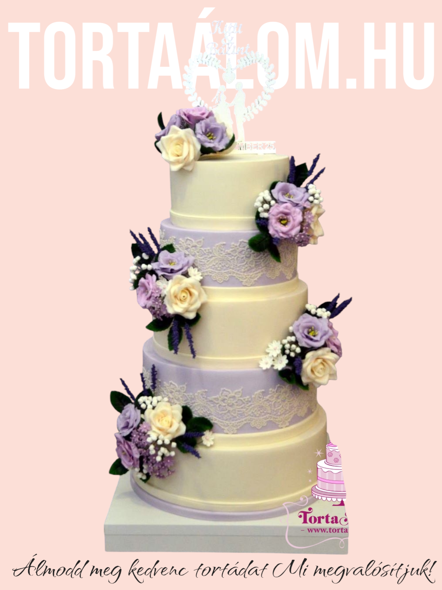 Lila-Fehér 5 Emeletes Torta